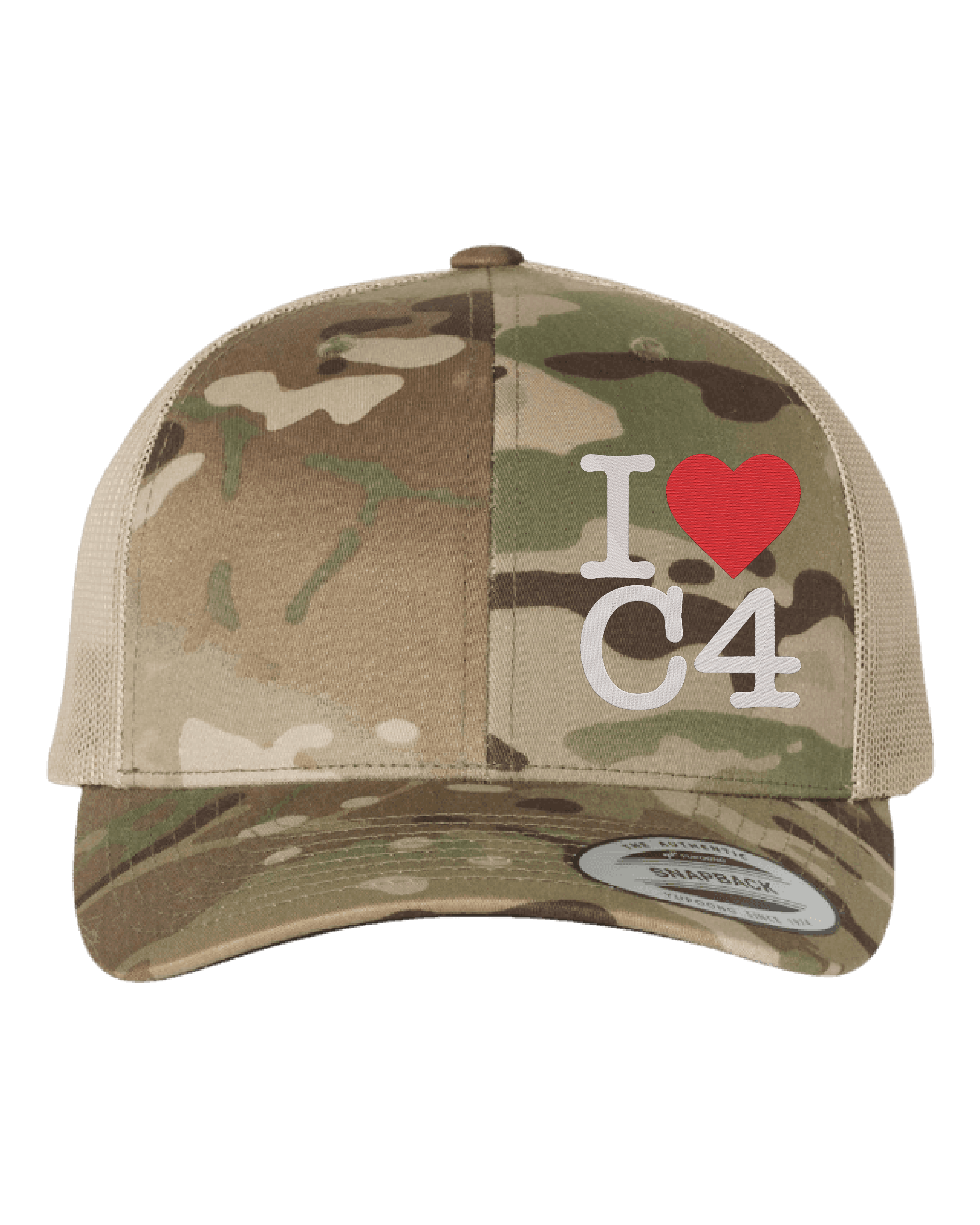 I LOVE C4 Embroidered Hat | Multicam/BDU Camo Hat | Trucker/Flat Bill/Curved Bill/Dad Hat | Lots of Styles
