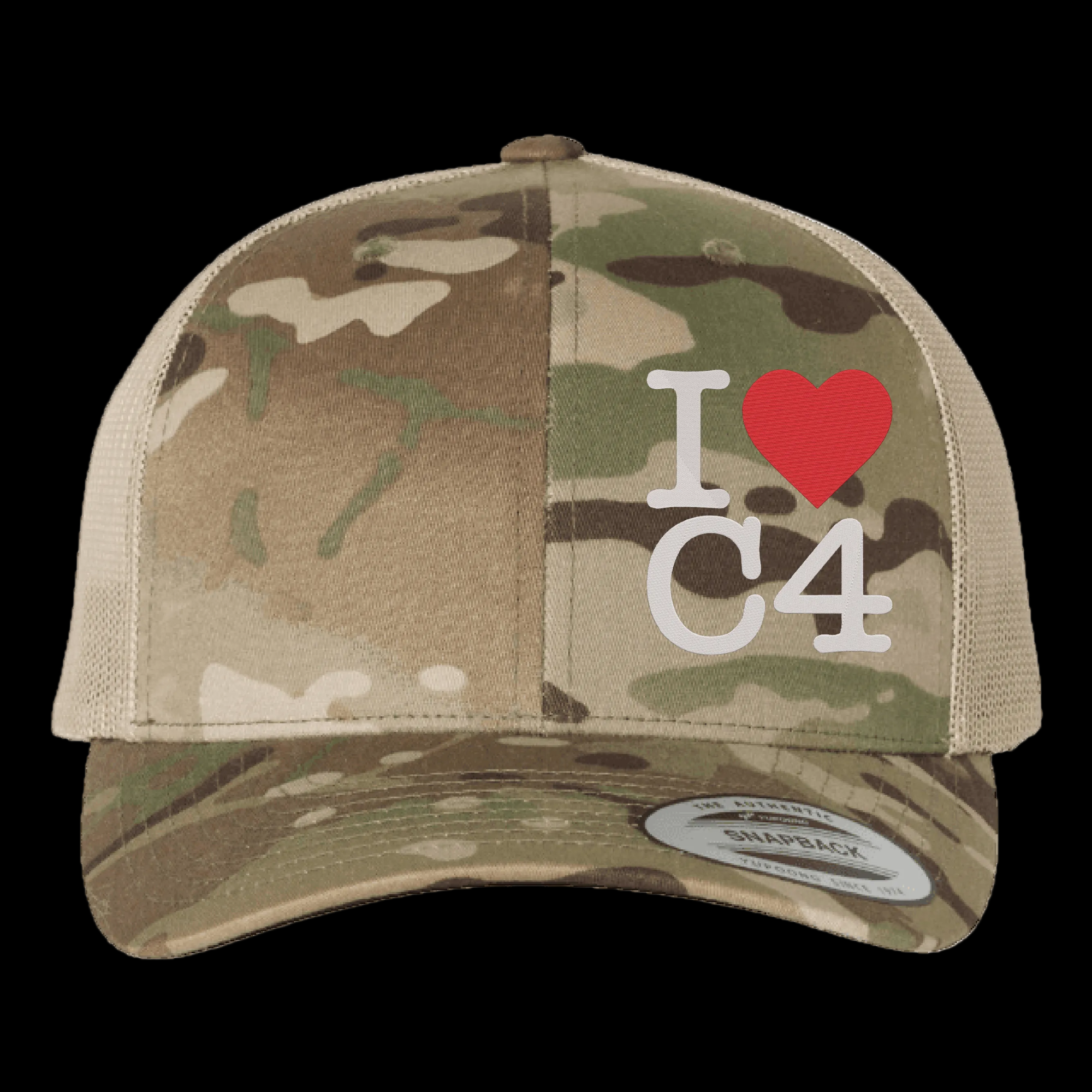 I LOVE C4 Embroidered Hat | Multicam/BDU Camo Hat | Trucker/Flat Bill/Curved Bill/Dad Hat | Lots of Styles