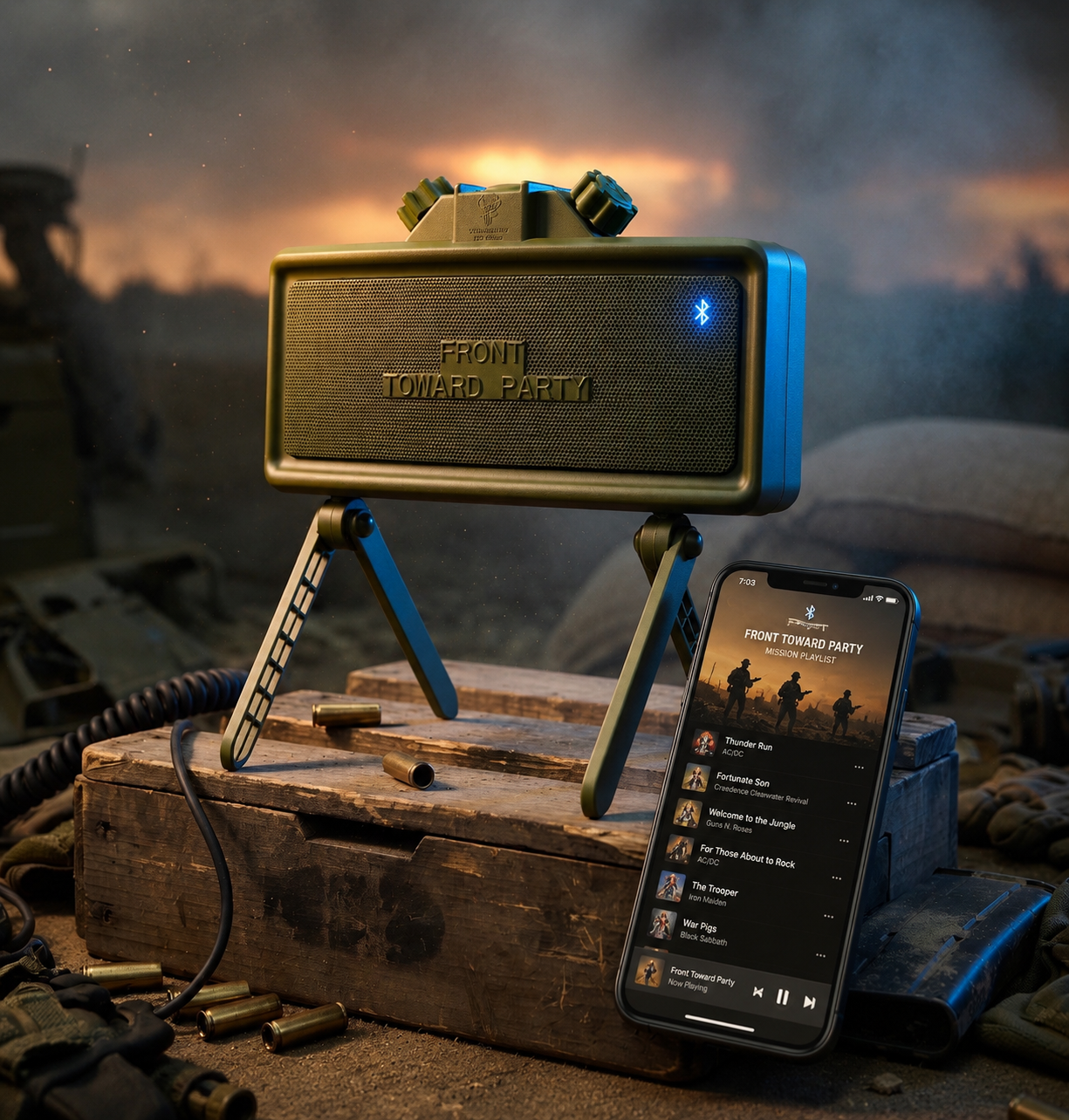 A rugged rectangular speaker device with a dark gray front grille and olive-green sides sits on a small metal stand on a wooden crate in a battlefield setting. A smartphone beside it displays a music playlist, and the speaker shows a blue Bluetooth indicator light.